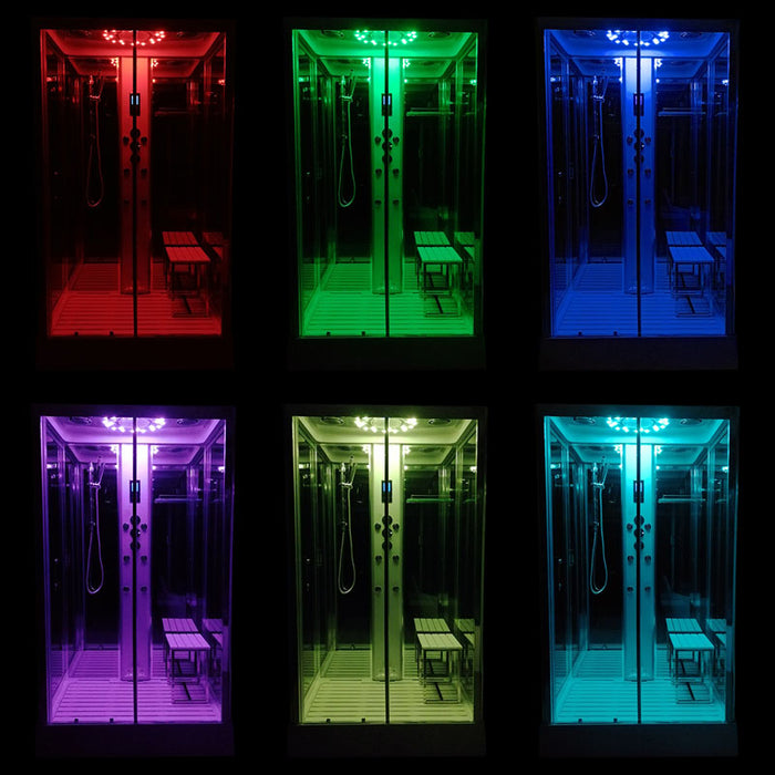 Insignia Platinum 1050 x 850 steam shower cabin with multicolour LED chromotherapy lights in red, green, blue, and purple tones.
