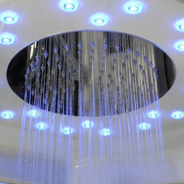 LED-lit monsoon rain shower in the Insignia 1050 x 850 steam shower cabin for immersive relaxation.