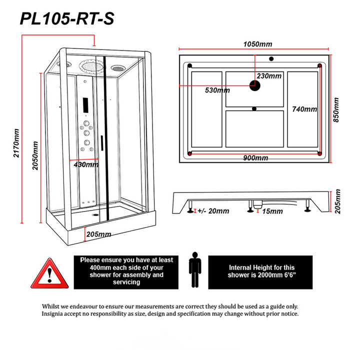 Technical schematics and measurements for the Insignia Platinum Rectangle Steam Shower 1050 x 850.