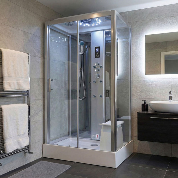Insignia Platinum Rectangle Steam Shower 1150 x 850 installed in a luxury modern bathroom, featuring steam, LED rainfall shower, body jets, digital controls and integrated seating.