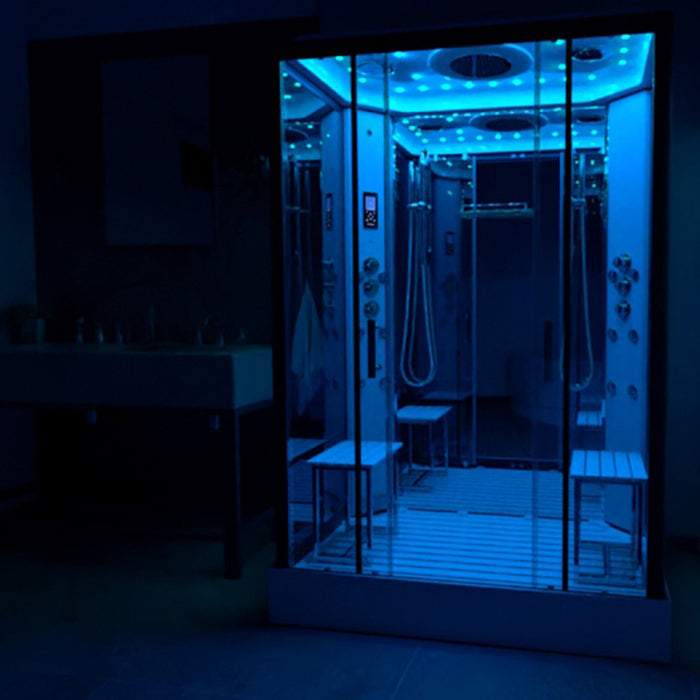 Elegant ambient glow with blue night lighting inside the Insignia Platinum Rectangle Steam Cabin 1400 x 900.
