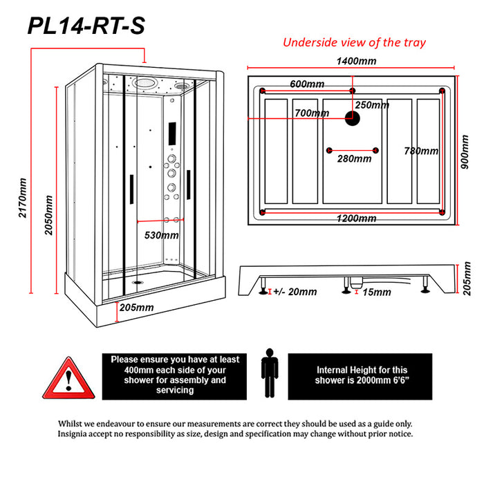 Technical schematics and installation dimensions for the Insignia Platinum Rectangle Steam Shower 1400 x 900.