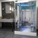 Full cabin view of the Insignia Platinum 1400 x 900 Rectangle Steam Shower with LED-lit roof and twin seating, shown in a modern bathroom setup.