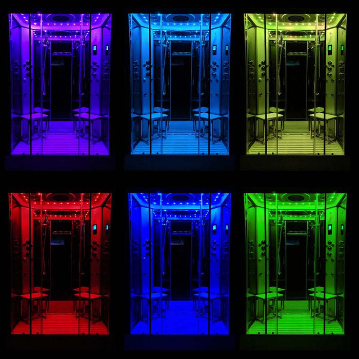 Vibrant multicolour chromotherapy lighting inside the Insignia Platinum 1400 x 900 Rectangle Steam Shower.