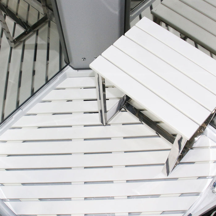 Anti-slip slatted floor with matching white shower stool inside the Insignia 1000 x 1000 steam enclosure.