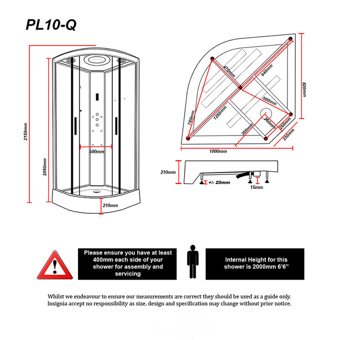 Insignia Platinum Steam Shower 1000 x 1000 schematic showing measurements and internal height guide.