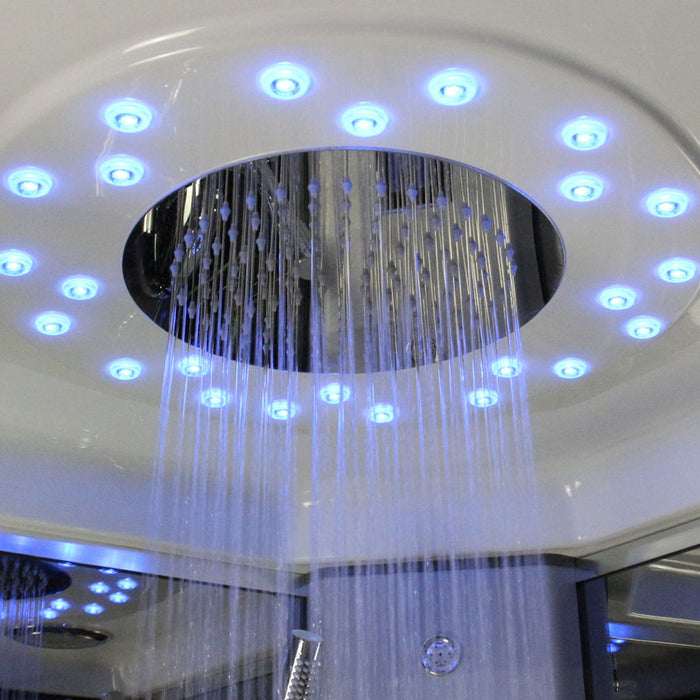 Luxurious monsoon rain shower with soothing blue LED lighting in the Insignia Platinum Steam Shower 1000 x 1000.
