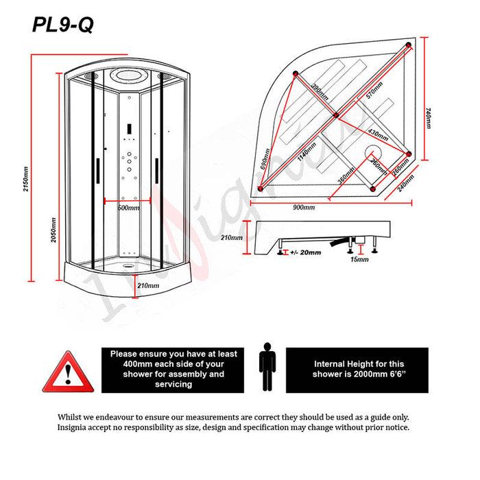 Comprehensive technical schematic detailing installation dimensions for the Insignia Platinum Steam Shower 900 x 900 corner unit.