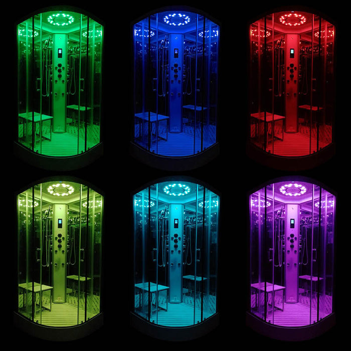 Colourful chromotherapy LED lighting options creating a relaxing ambience inside Insignia Platinum Steam Shower 900 x 900.