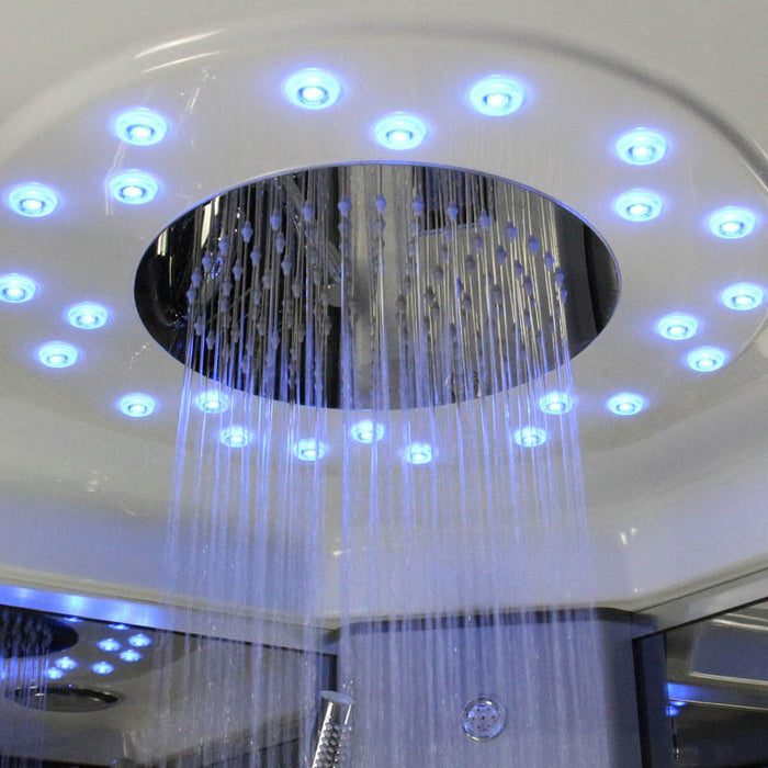 Insignia Platinum Steam Shower 900 x 900 monsoon rain shower head with calming blue LED lights.