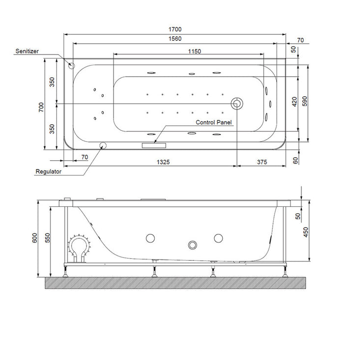 Technical drawing of a Jaquar Laguna Whirlpool with dimensions.