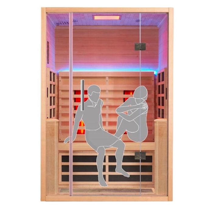 Visual representation of two users inside the Jaquar Paire 2-seater infrared sauna, highlighting spacious seating and chromotherapy LED lighting.