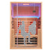 Visual representation of two users inside the Jaquar Paire 2-seater infrared sauna, highlighting spacious seating and chromotherapy LED lighting.