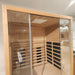 Interior perspective of the Jaquar 2-seater infrared sauna showing dual-side heater panels and LED ceiling light, viewed through the full glass front.