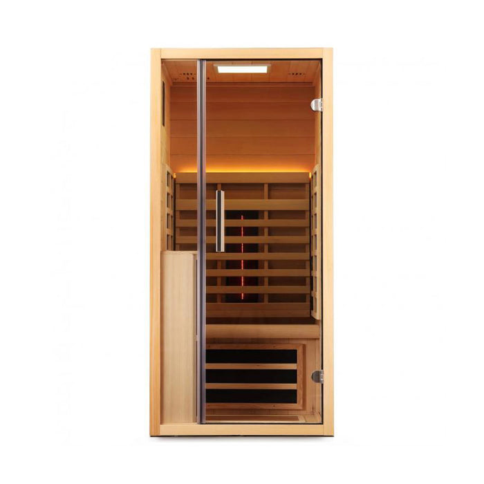 The Jaquar Relaxo sauna showcases its soft amber LED glow, enhancing relaxation while the infrared heating elements promote deep muscle relief.