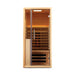 The Jaquar Relaxo sauna showcases its soft amber LED glow, enhancing relaxation while the infrared heating elements promote deep muscle relief.