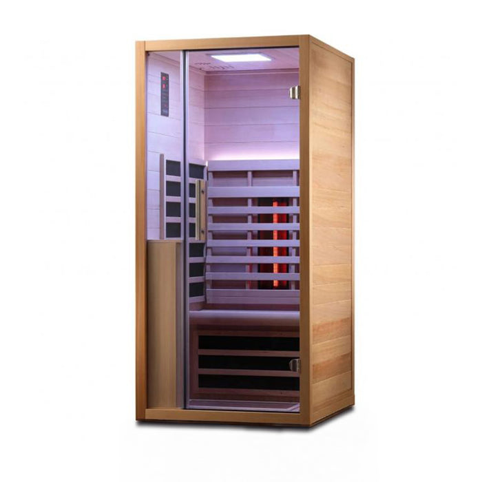 Luxury bathroom setup featuring the Jaquar Relaxo Single Infrared Sauna with ambient blue chromotherapy lighting and high-performance infrared heating.