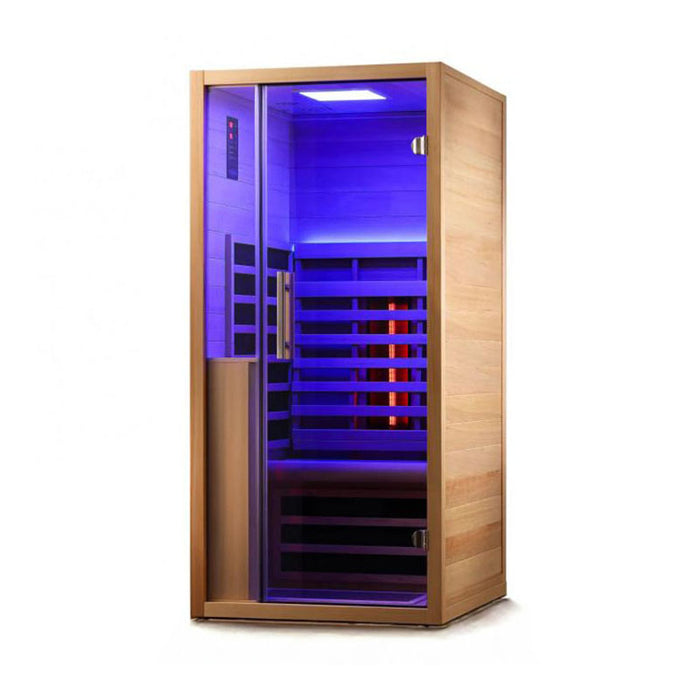 A stunning blue chromotherapy lighting feature inside the Jaquar Relaxo infrared sauna, creating a serene atmosphere for a revitalising experience.