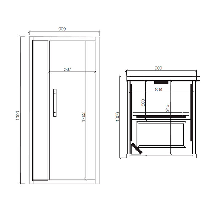 Front and side technical drawings with measurements of Jaquar Relaxo Infrared Sauna.