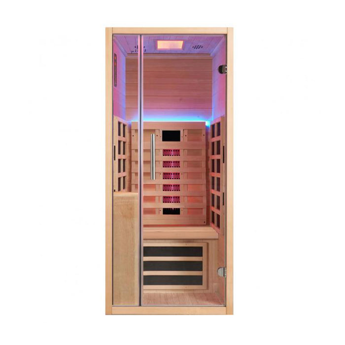 Front view of the Jaquar Relaxo Single Infrared Sauna featuring advanced infrared heating, ergonomic seating, and soft LED lighting for ultimate relaxation.