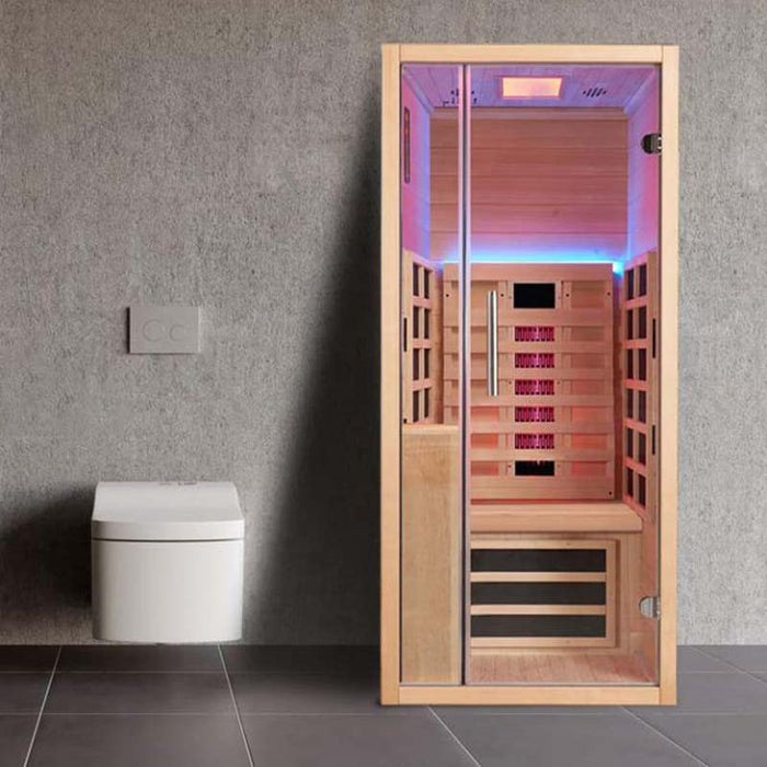 Jaquar Relaxo Single Infrared Sauna in a contemporary spa setting, offering a premium wellness experience with deep-penetrating infrared heat and LED therapy.