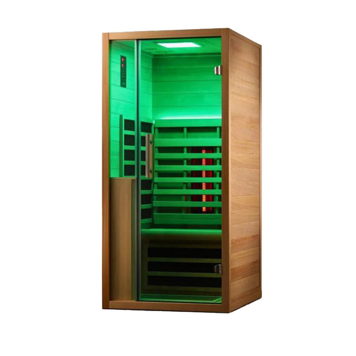 The Jaquar Relaxo infrared sauna illuminated with calming green chromotherapy light, enhancing relaxation and promoting holistic wellness.