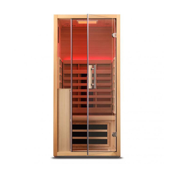 Jaquar Relaxo Single Infrared Sauna with red chromotherapy lighting, a glass door, and premium wood panels for a rejuvenating infrared therapy session.
