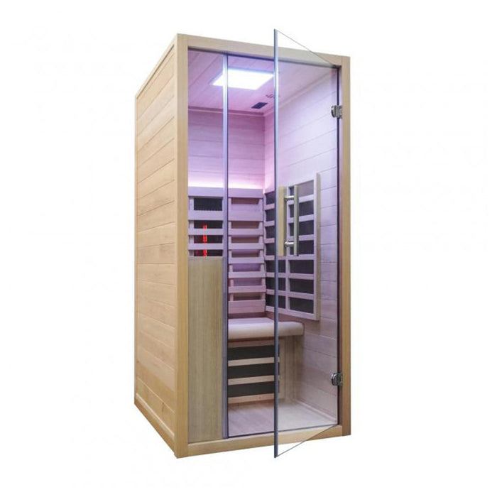 Side-angle view of the Jaquar Relaxo Single Infrared Sauna showcasing its elegant glass enclosure, compact design, and soothing infrared heat panels.