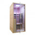 Side-angle view of the Jaquar Relaxo Single Infrared Sauna showcasing its elegant glass enclosure, compact design, and soothing infrared heat panels.