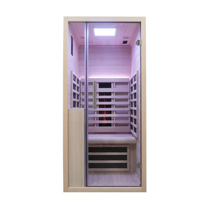 Jaquar Relaxo Single Infrared Sauna with spacious seating, soft-glow lighting, and an easy-access glass door, designed for wellness and detoxification.
