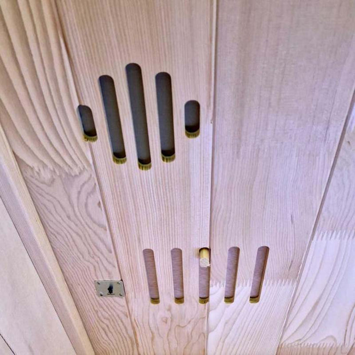 Close-up of the precision-crafted air vent system in the Jaquar Relaxo infrared sauna, ensuring optimal airflow and a balanced sauna environment.