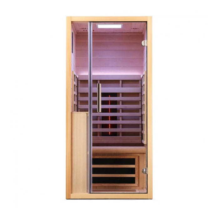 Jaquar Relaxo Single Infrared Sauna in a luxury spa setting, featuring a modern glass enclosure, ergonomic seating, and deep-penetrating infrared heat for ultimate relaxation.