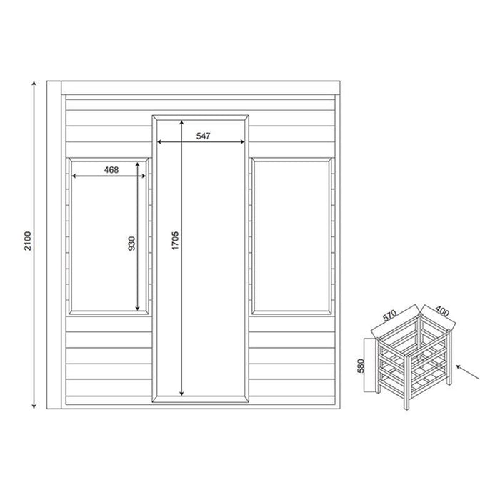 Technical drawing of Jaquar Serene Sauna with dimensions.