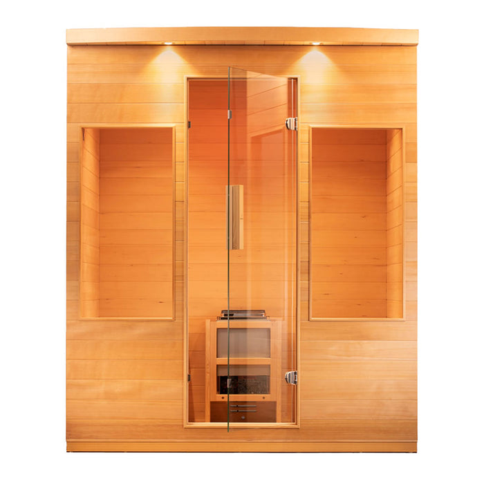 A modern indoor sauna with a glass door, designed for relaxation and wellness.