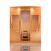 A luxurious home sauna with ambient lighting, featuring premium wood panelling and glass windows.