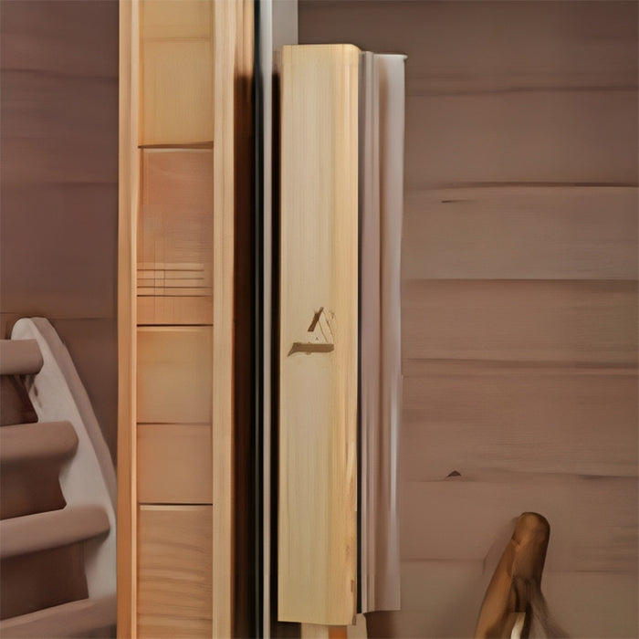 A close-up of the wooden door handle on the Jaquar Serene Sauna, showcasing its elegant craftsmanship.