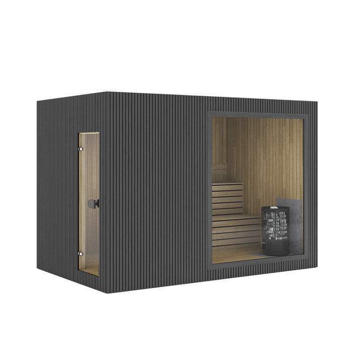 Minimal product render of the Jonas Classic 4–6 person sauna in deep black finish with glass door and visible wooden seating – modern sauna design.