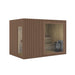 Jonas Classic 4–6 person sauna in warm reddish-brown wood tone, featuring a clear glass front and elegant vertical timber detailing – cosy relaxation option.