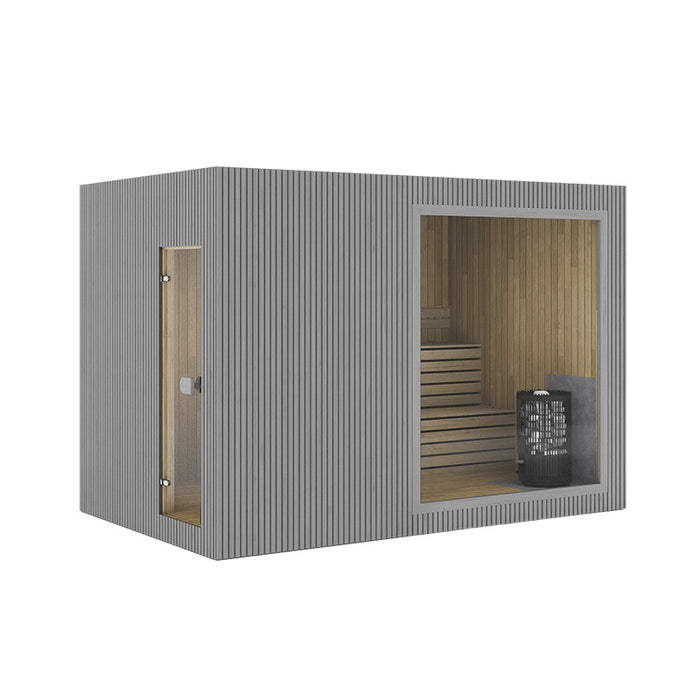Jonas Classic 4–6 person sauna with grey wood cladding, modern square design, and large glass front window – versatile wellness cabin for any space.
