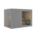 Jonas Classic 4–6 person sauna with grey wood cladding, modern square design, and large glass front window – versatile wellness cabin for any space.