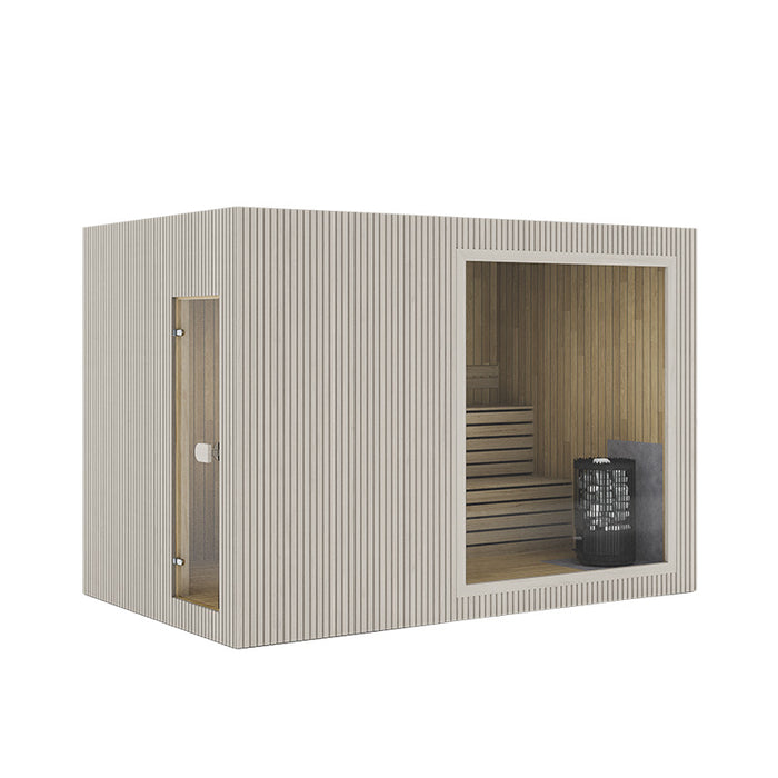 Bright and minimal render of the Jonas Classic 4–6 person sauna in pale white wood finish, featuring clean lines and soft natural texture – Nordic style.