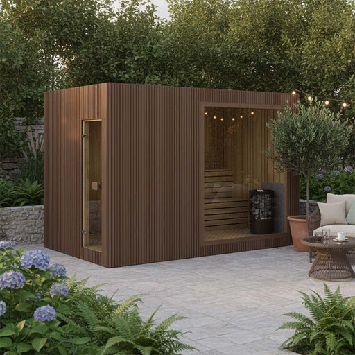 Jonas Classic 4–6 person outdoor garden sauna in warm brown wood finish, set in a lush landscaped patio with fairy lights – ideal backyard wellness retreat.