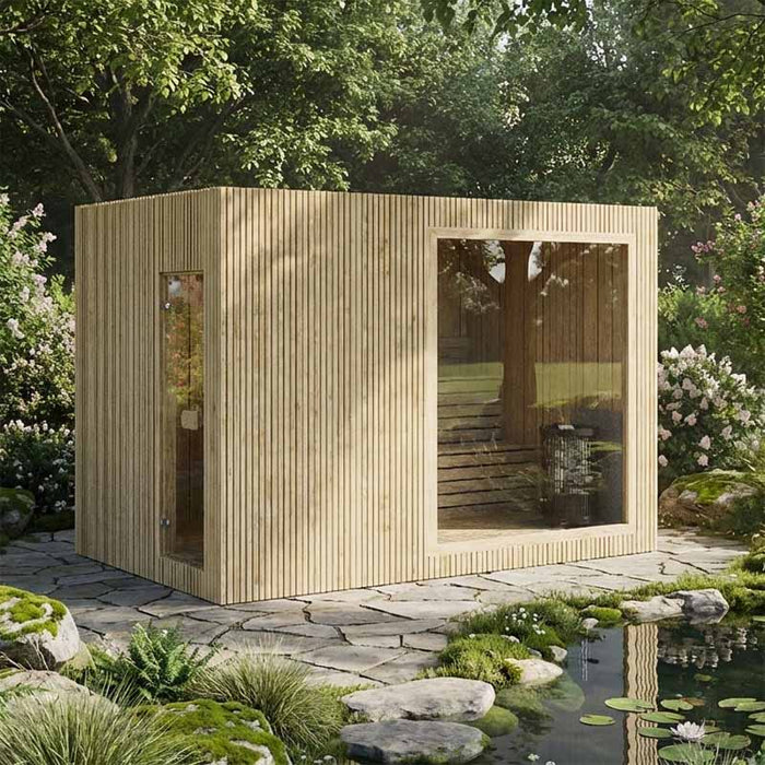 Natural Jonas Classic 4–6 person outdoor sauna with light timber cladding, nestled in a botanical garden by a serene pond – tranquil wellness oasis.