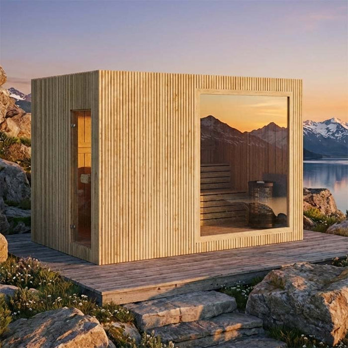 Scenic Jonas Classic 4–6 person sauna cabin with light wood finish overlooking mountain lake at sunset – premium outdoor relaxation experience.