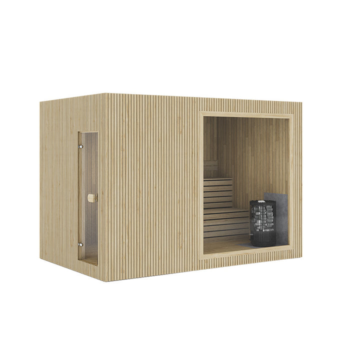 Studio view of the Jonas Classic 4–6 person sauna with natural vertical timber panels, front glass window, and internal benches – clean product showcase.