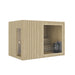 Studio view of the Jonas Classic 4–6 person sauna with natural vertical timber panels, front glass window, and internal benches – clean product showcase.