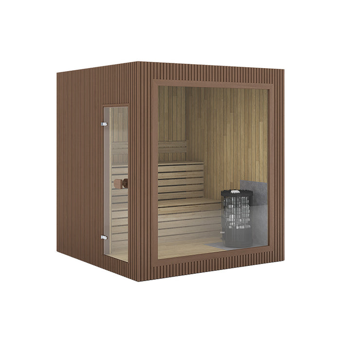 Jonas Classic 4-person garden sauna in rich brown timber cladding, shown in a realistic 3D render with a modern glass facade and interior bench layout.