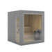 Render of Jonas Classic 4-person outdoor sauna in sleek grey timber finish, featuring panoramic glass front and wooden interior seating.