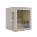 3D render of Jonas Classic 4-person outdoor sauna with light wood exterior finish, glass front panel, and visible wooden bench seating.
