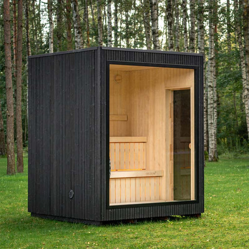 Jonas Classic 4-person outdoor sauna with minimalist black cladding and full glass front, placed in a lush forest setting.
